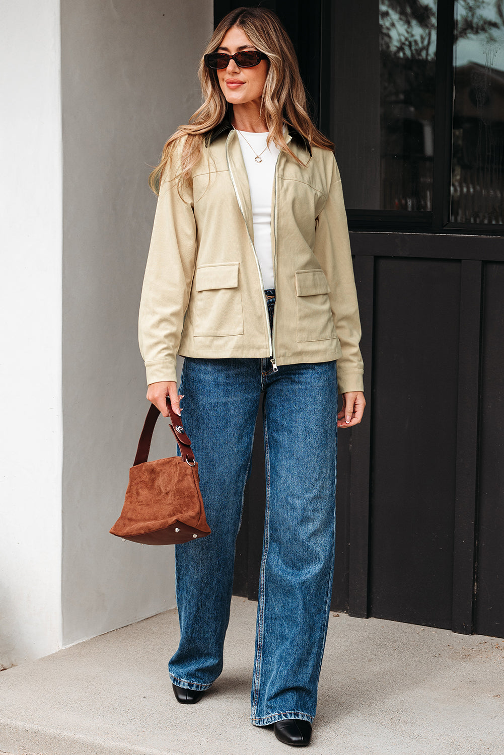 Textured Zip-Up Collared Faux Leather Jacket