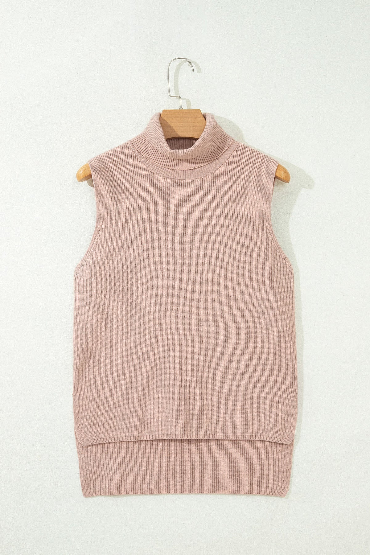 Solid Turtleneck Split Hem Sleeveless Knit Top