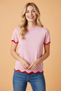 Contrast Wavy Trim Short Sleeve Sweater