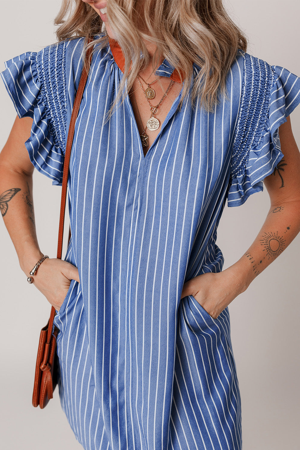 Stripe Frilly Neck Shirred Ruffle Sleeve Mini Dress