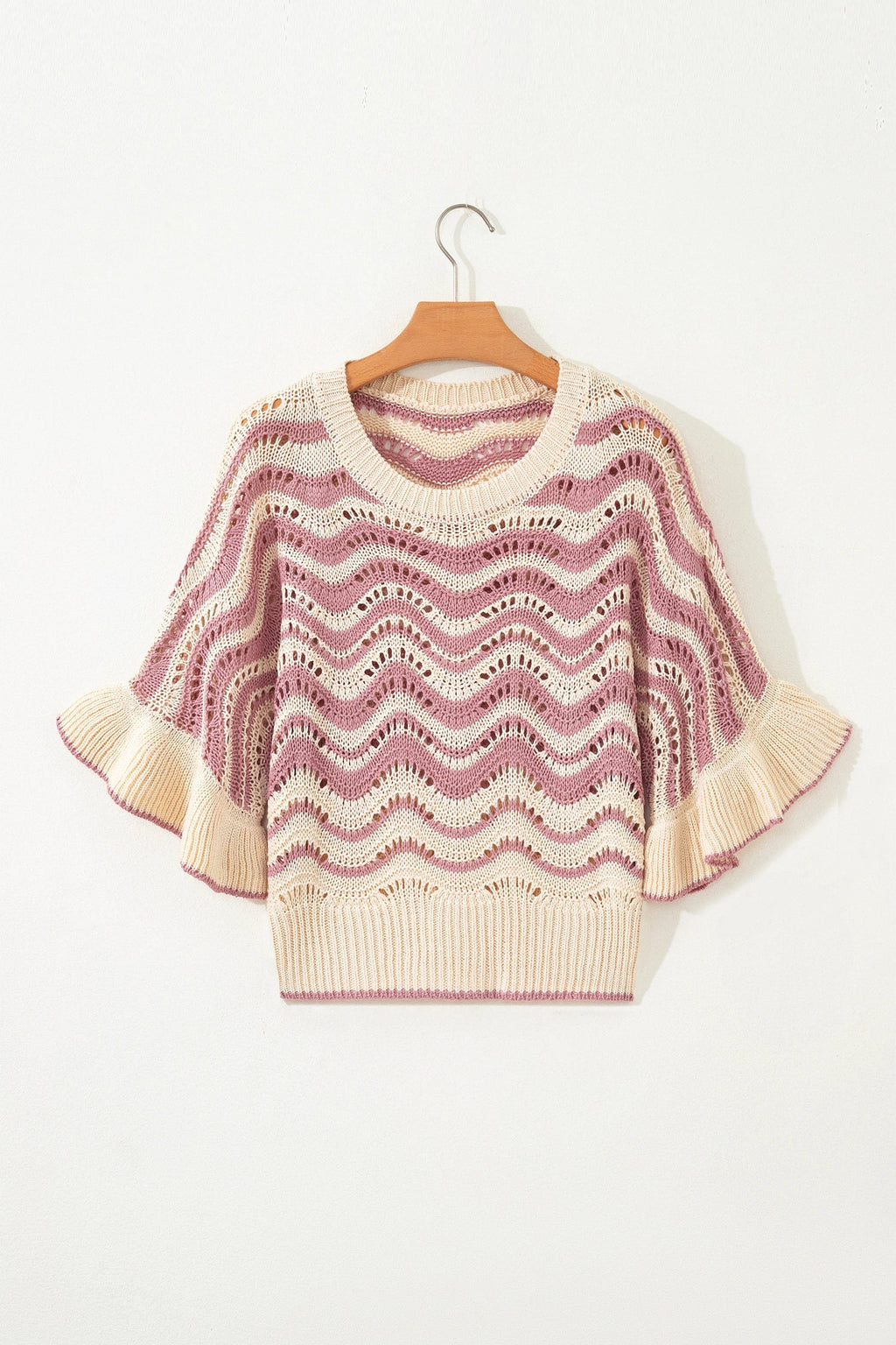 Wavy Stripe Ruffle 3/4 Sleeve Crochet Sweater