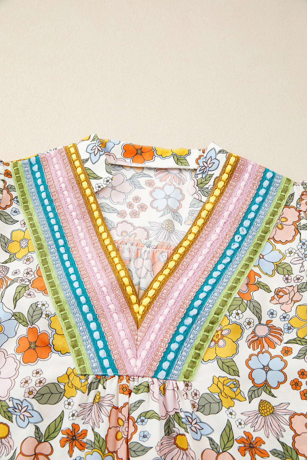 Boho Floral Crochet V-Neck Puff Sleeve Blouse