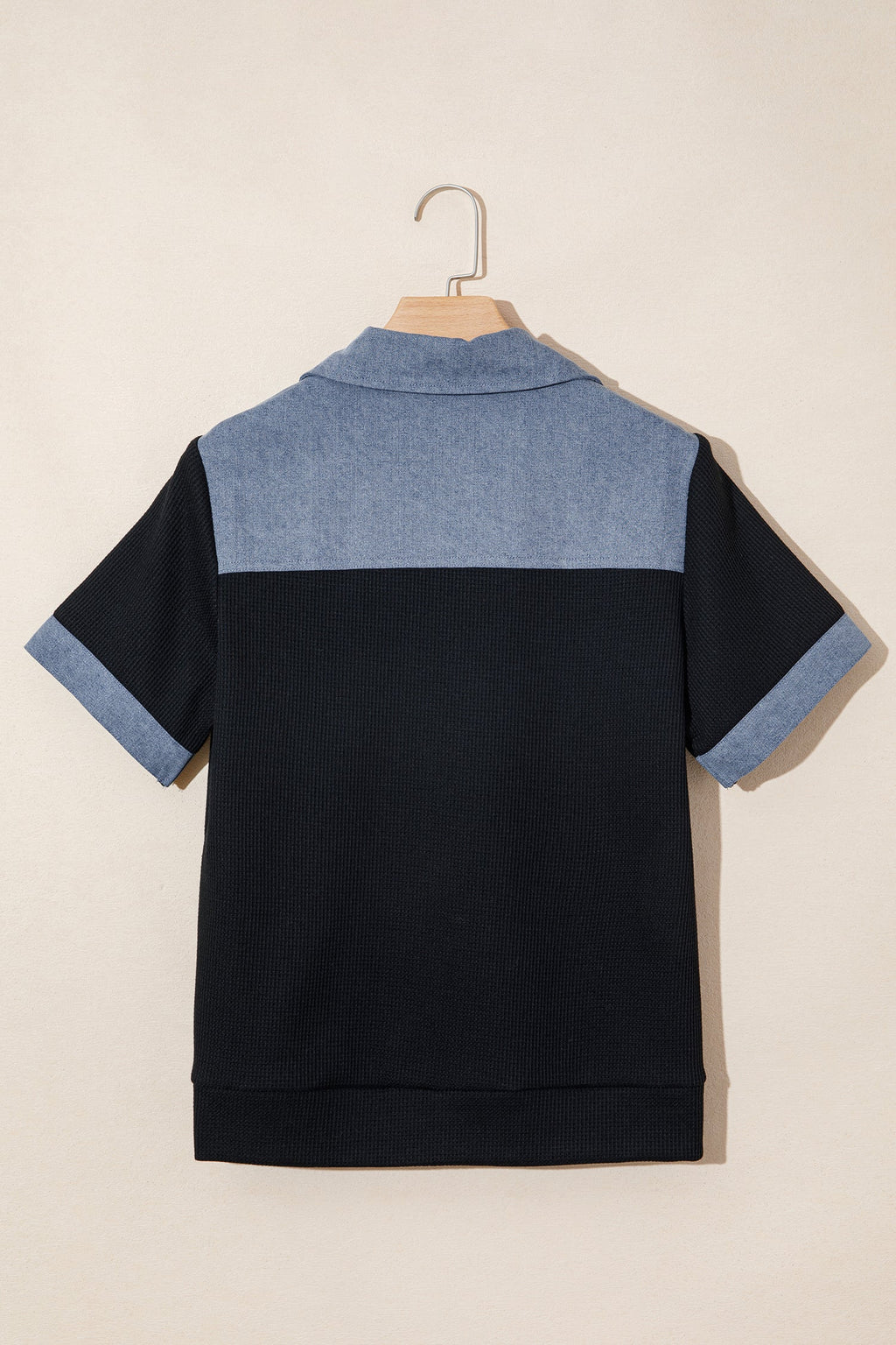 Colorblock Denim Waffle Knit Patchwork Polo Top