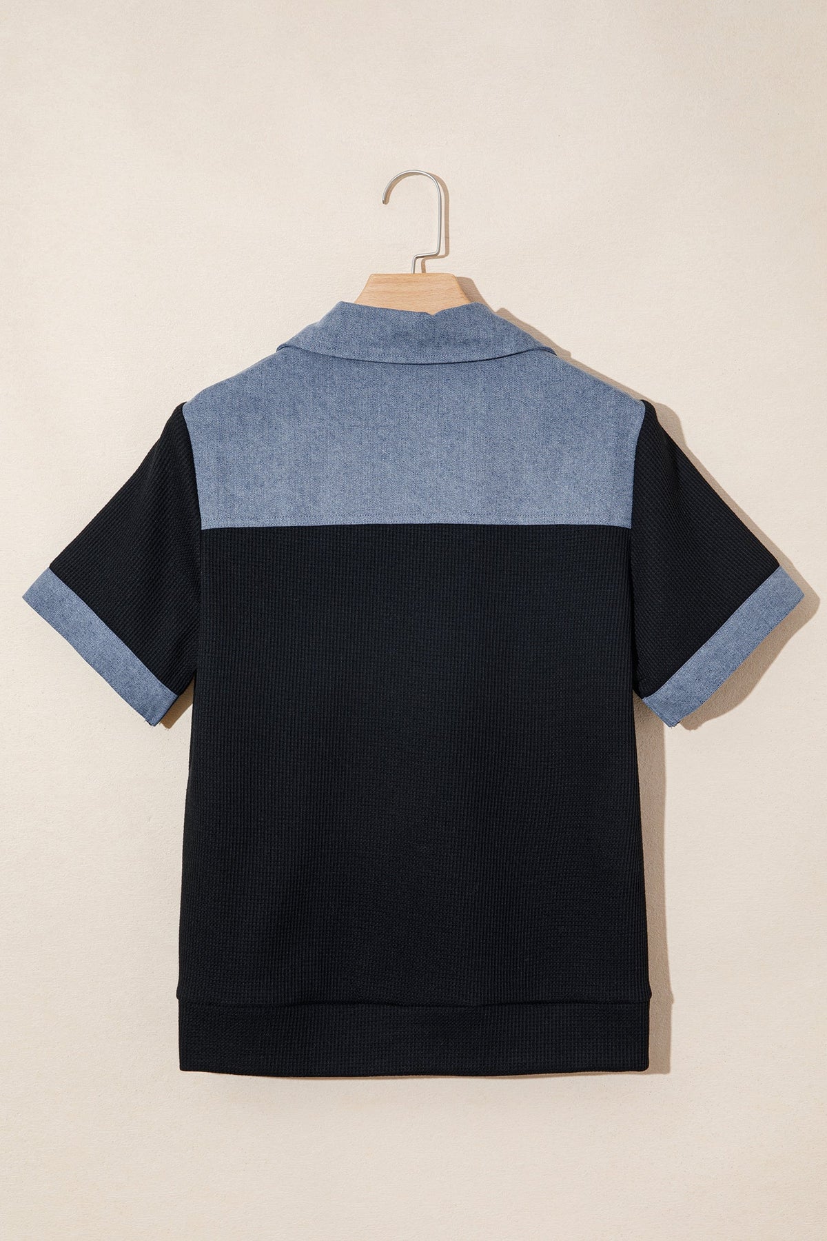 Colorblock Denim Waffle Knit Patchwork Polo Top