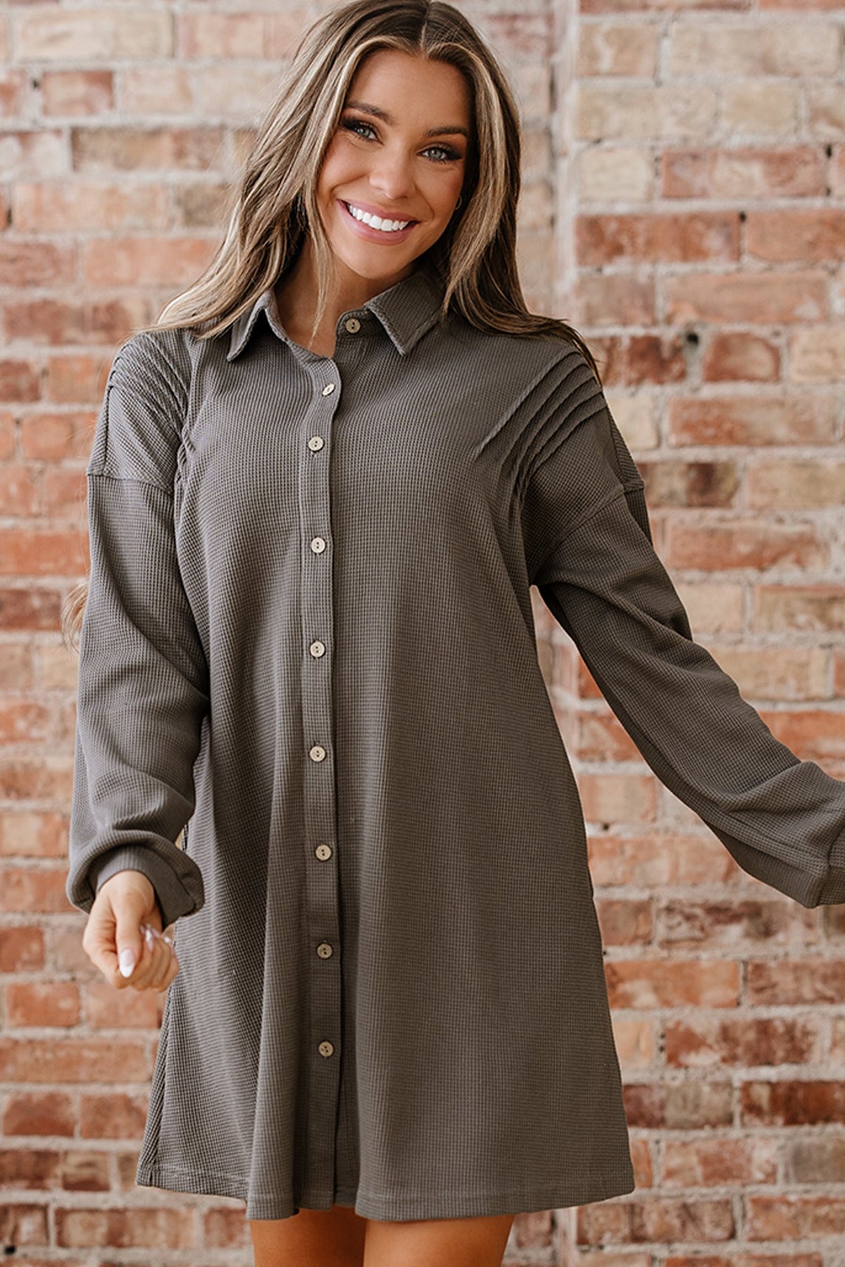 Waffle Knit Pleated Drop Shoulder Shirt Dress