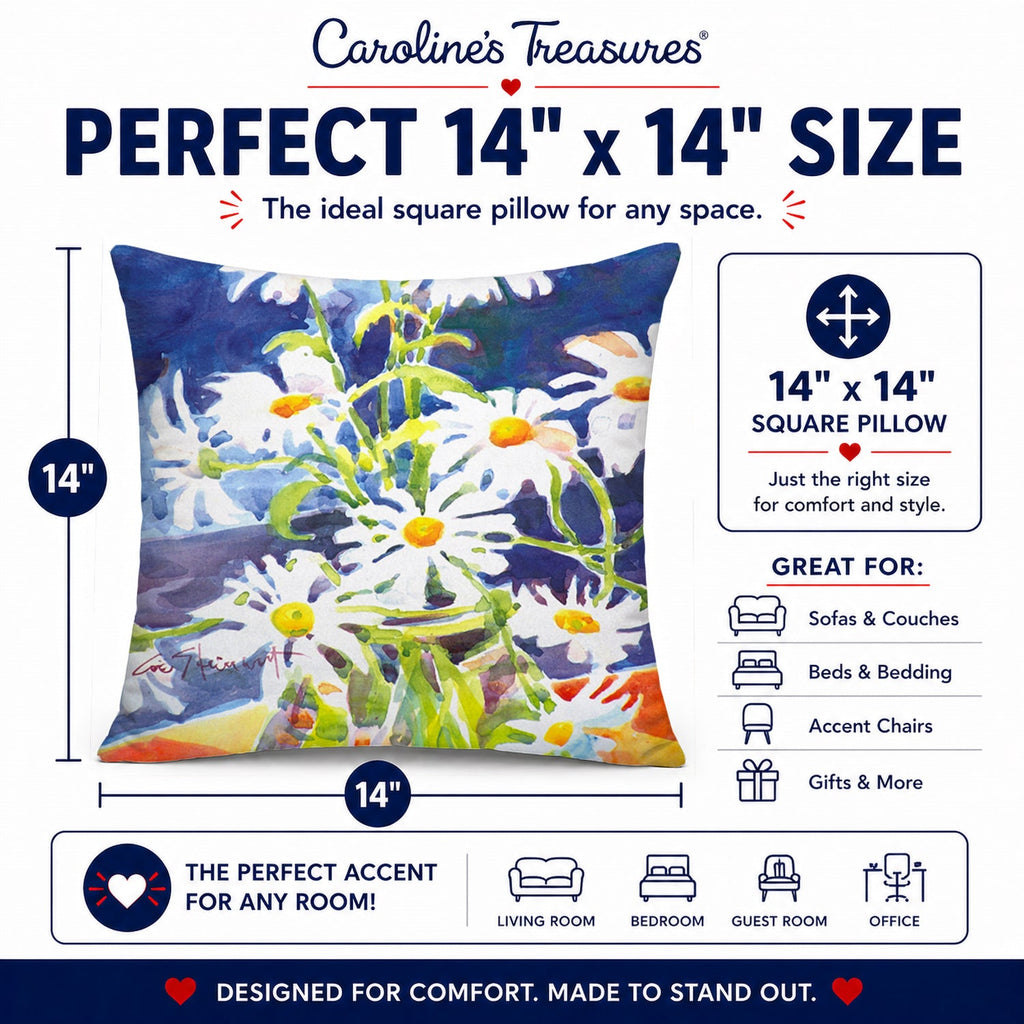 Flowers - Daisy Decorative Throw Pillow 14x14 Indoor Outdoor Accent Cushion, Fabric Cover with Insert for Sofa, Bed, Porch & Living Room