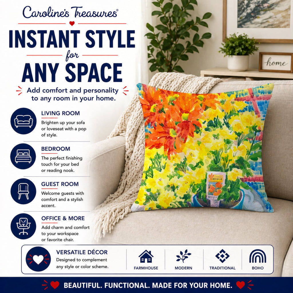 Flower - Mums Decorative Throw Pillow 14x14 Indoor Outdoor Accent Cushion, Fabric Cover with Insert for Sofa, Bed, Porch & Living Room