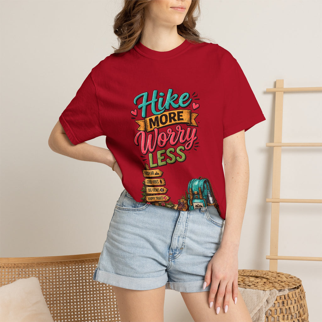 Hike More Worry Less T-Shirt | Hiking Backpack Trail Sign Tee