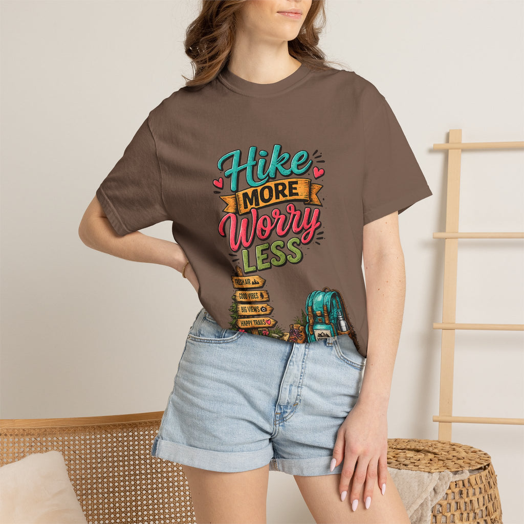Hike More Worry Less T-Shirt | Hiking Backpack Trail Sign Tee