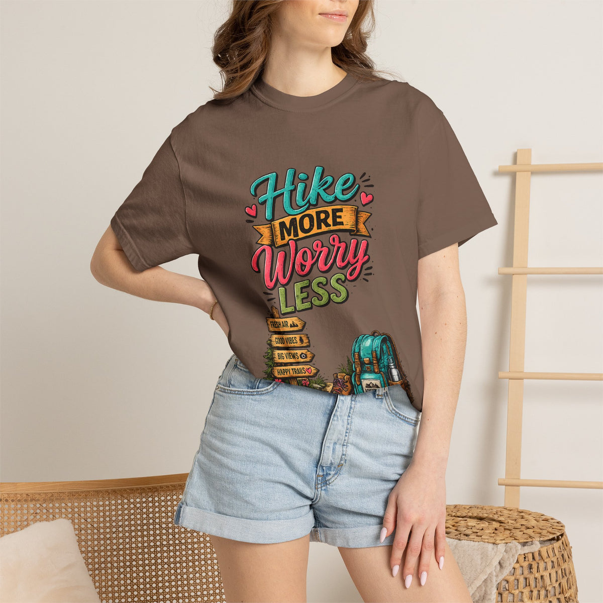 Hike More Worry Less T-Shirt | Hiking Backpack Trail Sign Tee