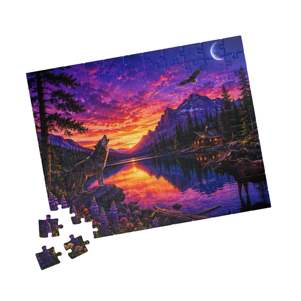 Sunset Wolves Lake Puzzle — Scenic Mountain Landscape Jigsaw (110–1014 pcs)