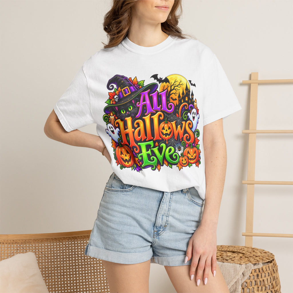 All Hallows Eve Halloween T-Shirt — Colorful Witch, Pumpkins & Ghosts Design