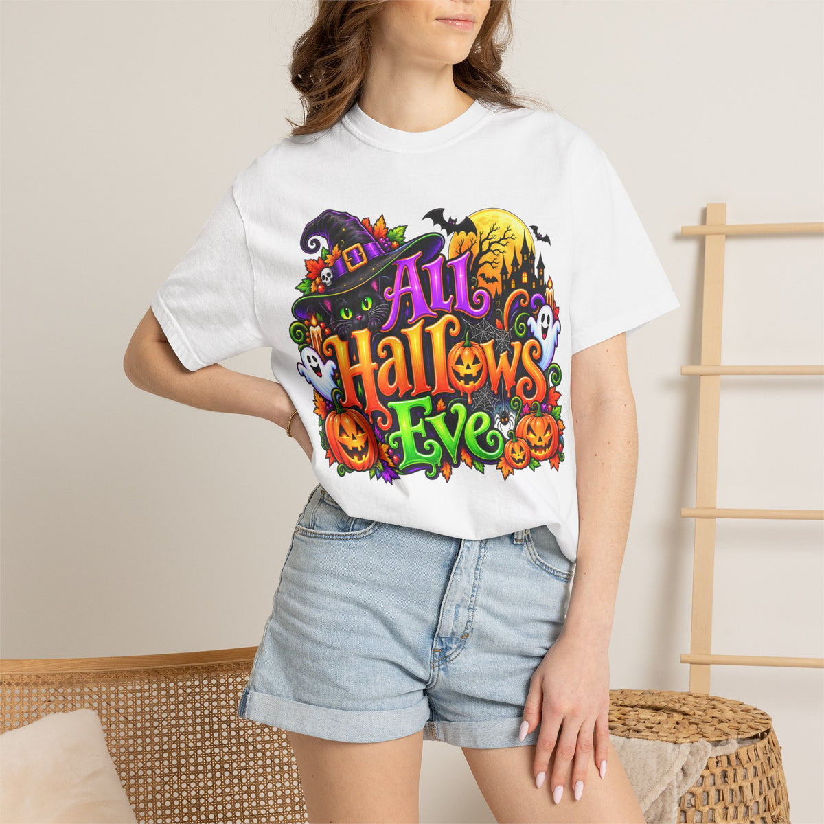 All Hallows Eve Halloween T-Shirt — Colorful Witch, Pumpkins & Ghosts Design