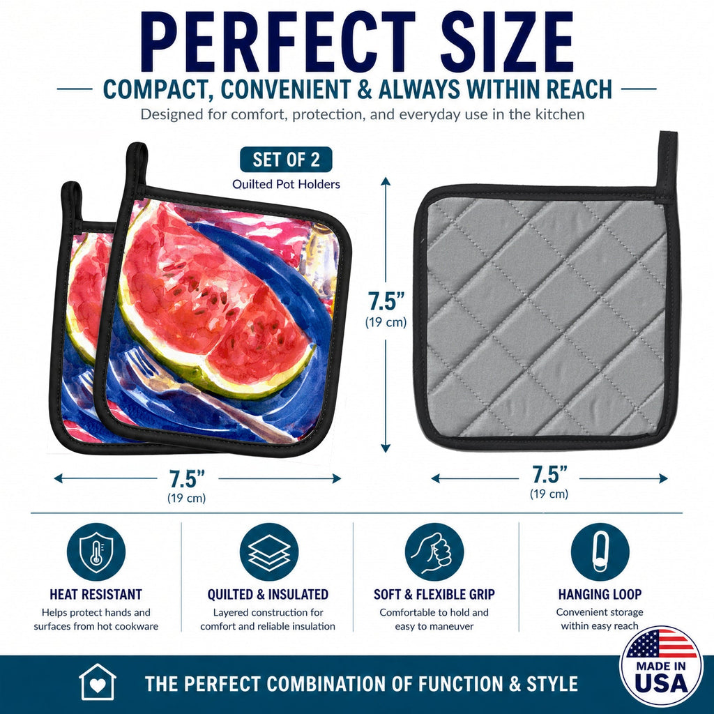 Watermelon Pot Holder Set of 2 Heat Resistant Quilted Hot Pads 7.5 x 7.5 Inch, Insulated Kitchen Trivets for Cooking & Baking