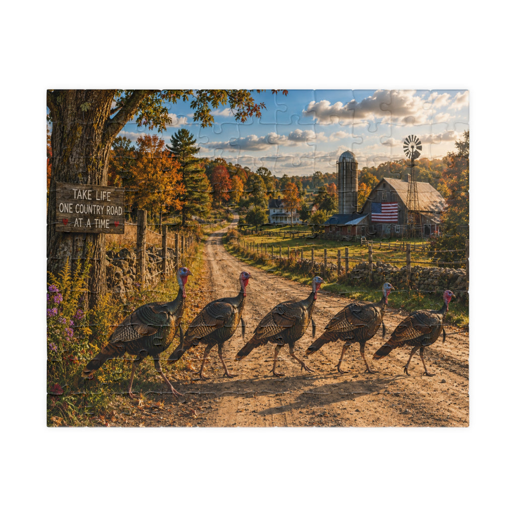 Country Road Turkeys Jigsaw Puzzle — Rustic Farmhouse Scene (110/252/520/1014 pcs)