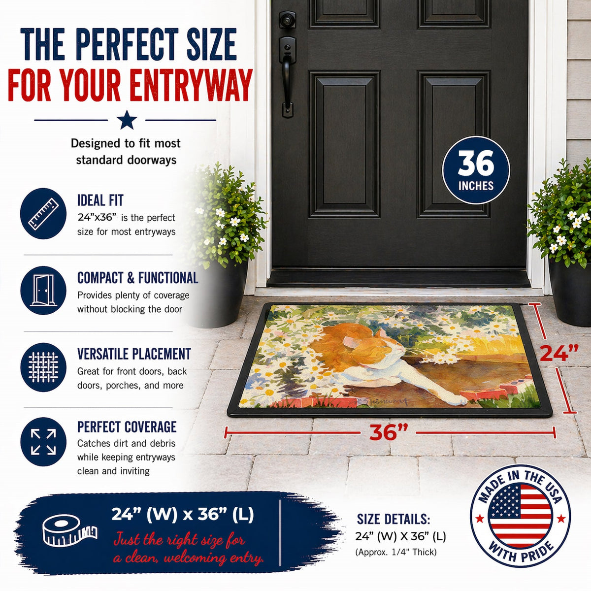 Cat Doormat Indoor Outdoor 24H X 36W Front Door Mat Rugs for Entryway, Non Slip Washable Low Pile,