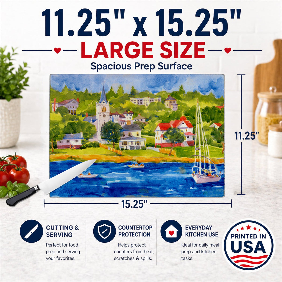 Harbour Scene with Sailboat Cutting Board Tempered Glass Kitchen Cutting Surface, Heat Resistant Chopping, Non-Slip Feet, Food Prep & Serving