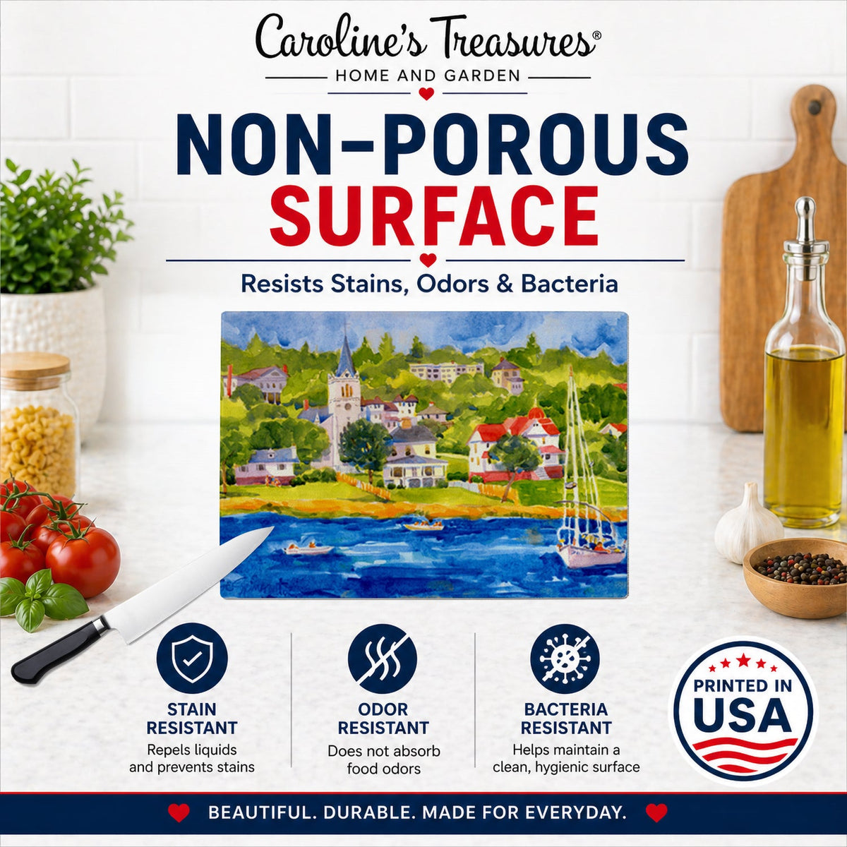 Harbour Scene with Sailboat Cutting Board Tempered Glass Kitchen Cutting Surface, Heat Resistant Chopping, Non-Slip Feet, Food Prep & Serving