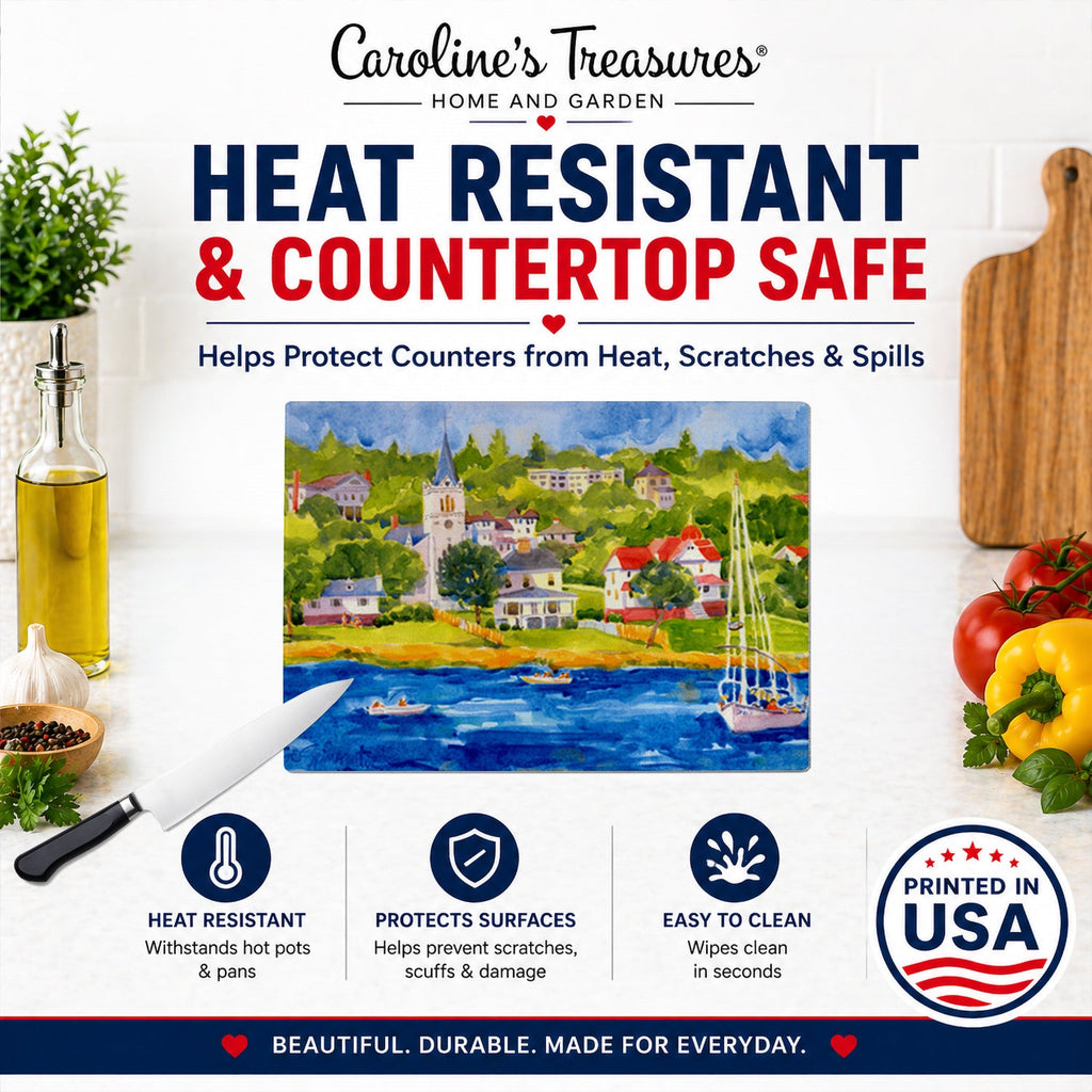 Harbour Scene with Sailboat Cutting Board Tempered Glass Kitchen Cutting Surface, Heat Resistant Chopping, Non-Slip Feet, Food Prep & Serving