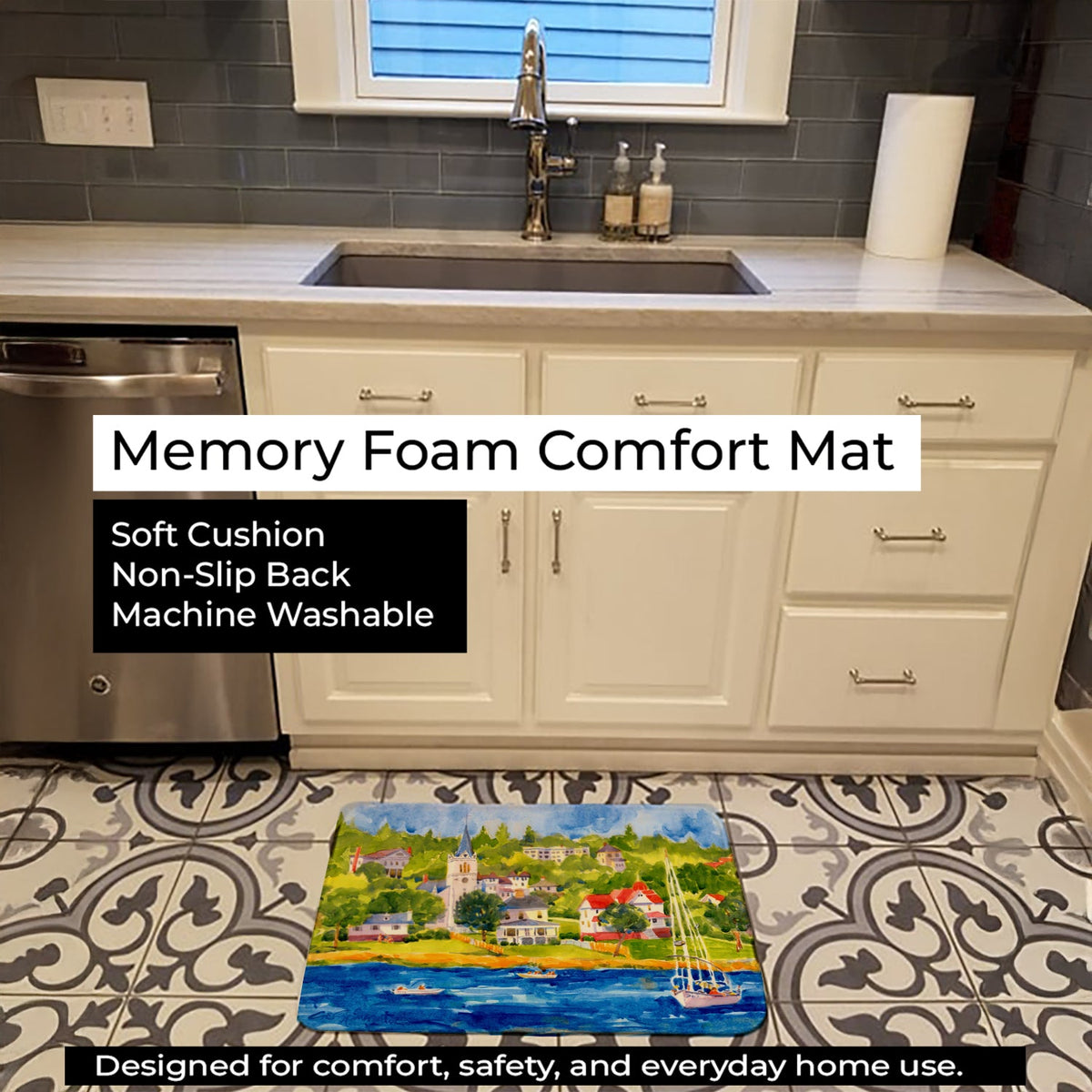 Harbour Scene with Sailboat Memory Foam Kitchen Mat Machine Washable Anti-Fatigue Cushion Comfort Bath or Kitchen Rug