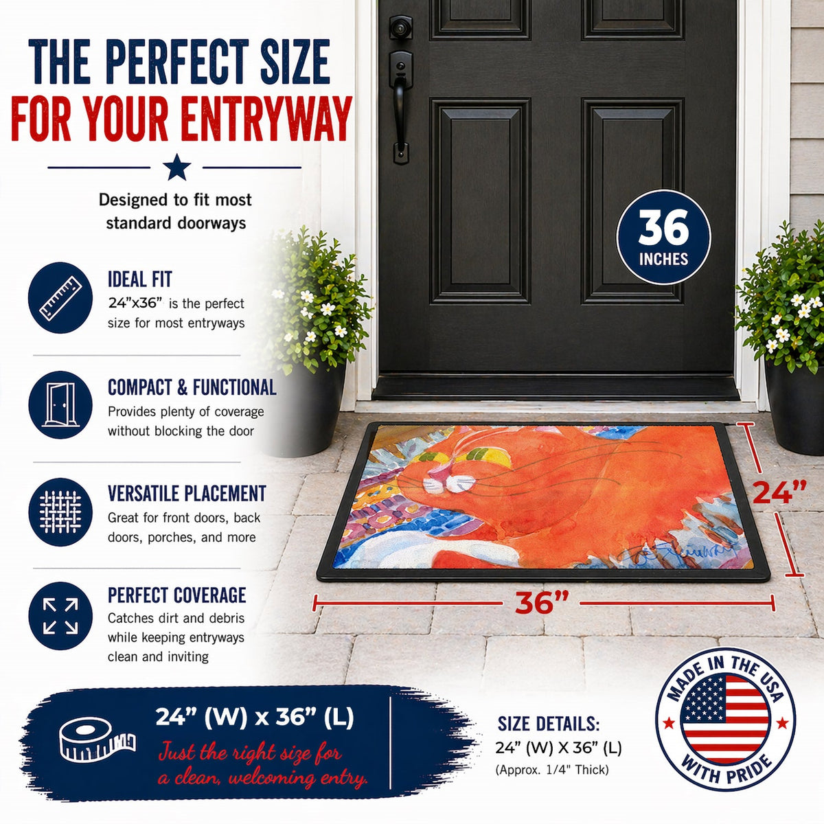 Cat Doormat Indoor Outdoor 24H X 36W Front Door Mat Rugs for Entryway, Non Slip Washable Low Pile,