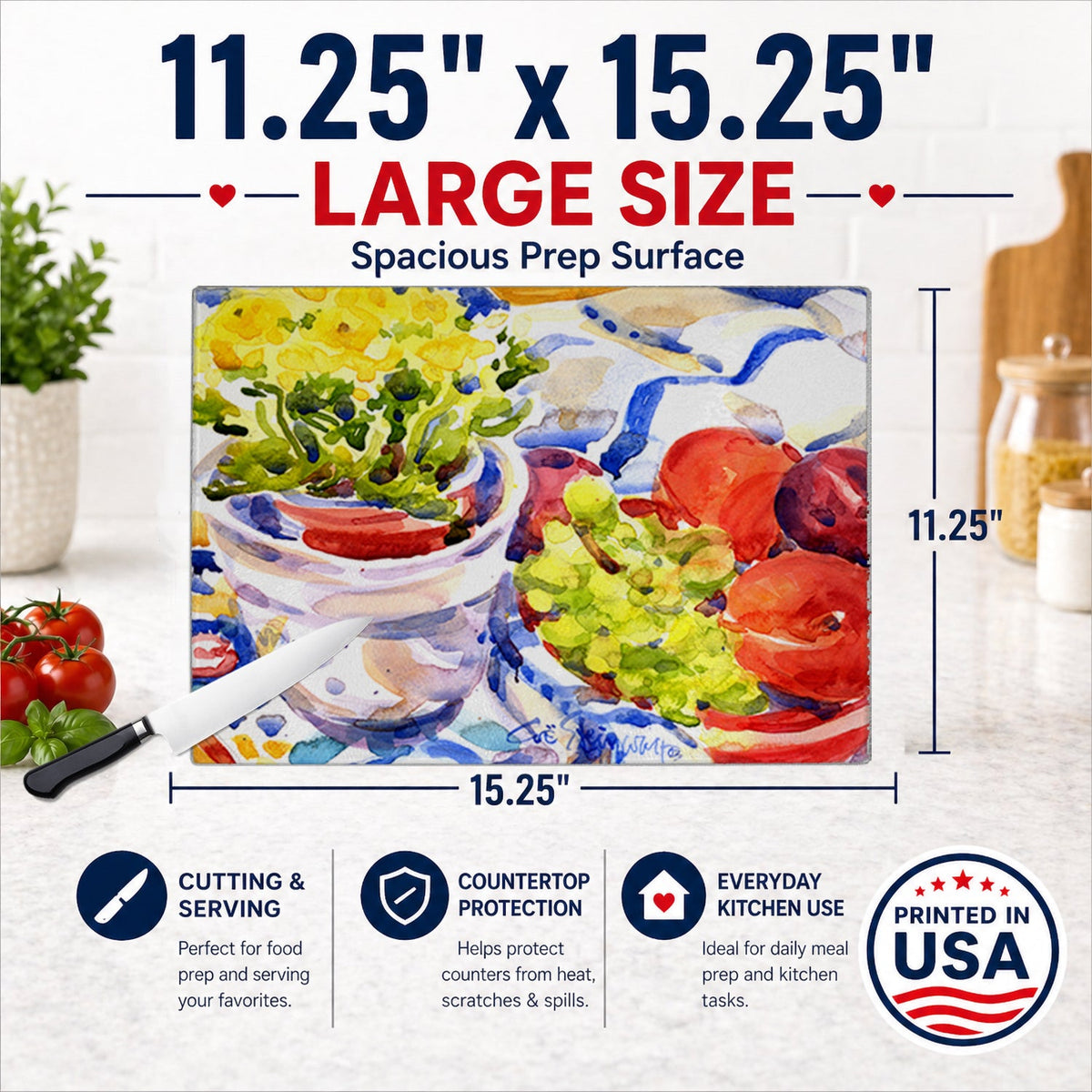 Apples, Plums and Grapes with Flowers Cutting Board Tempered Glass Kitchen Cutting Surface, Heat Resistant Chopping, Non-Slip Feet, Food Prep & Serving