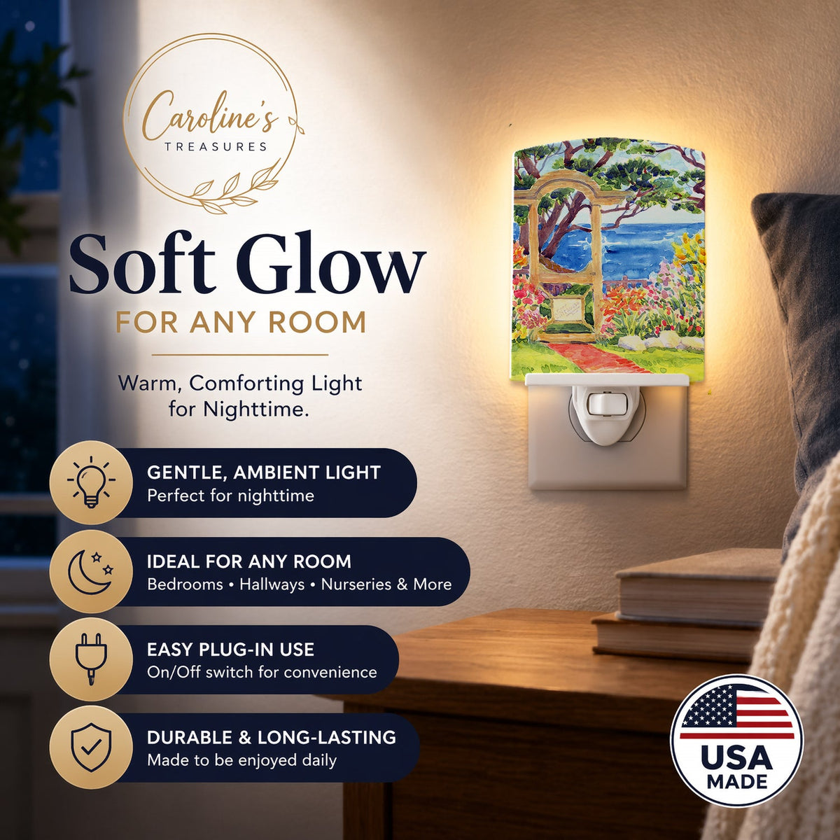 Seaside Ceramic Night Light Compact, UL-Certified, Ideal for Bedroom, Bathroom, Nursery, Hallway, Kitchen, 6x4x3, Multicolor