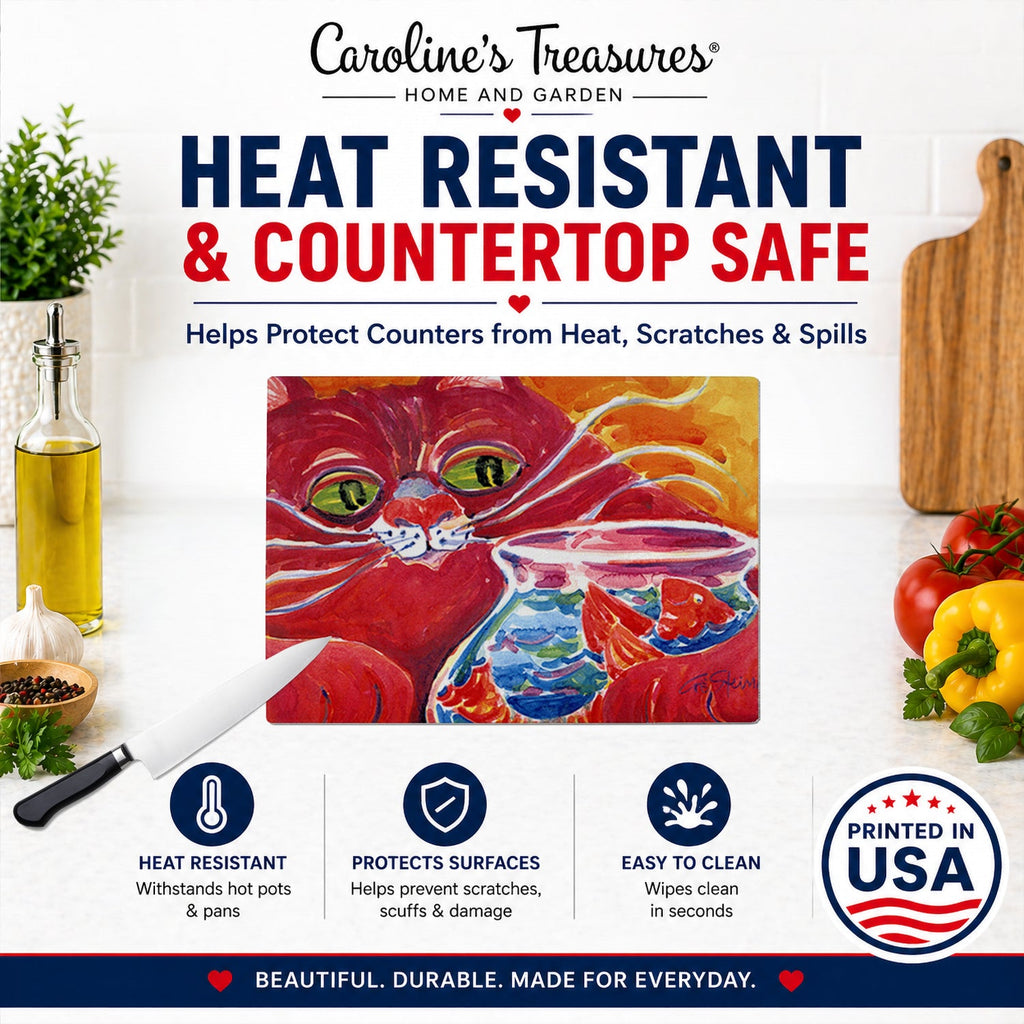 Big Red Cat at the fishbowl Cutting Board Tempered Glass Kitchen Cutting Surface, Heat Resistant Chopping, Non-Slip Feet, Food Prep & Serving