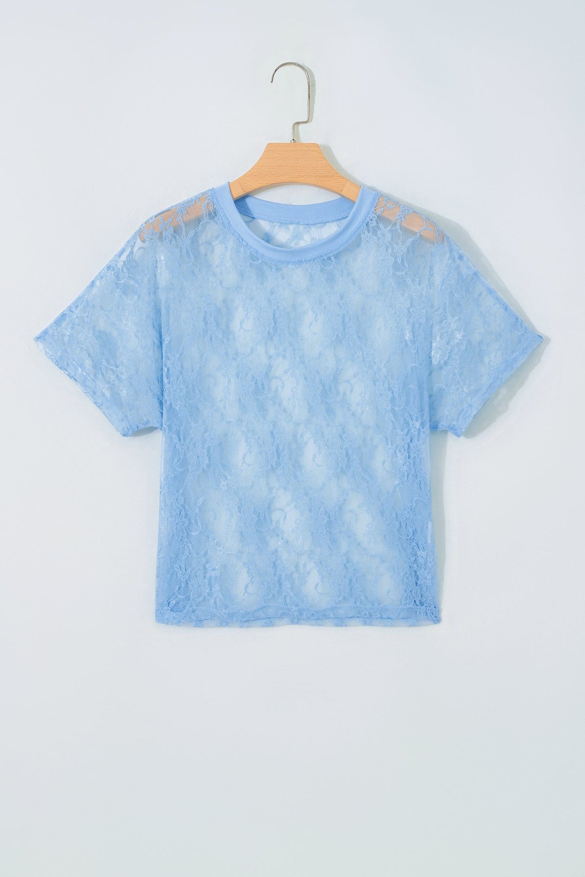 Solid Sheer Lace Short Sleeve Boxy Tee