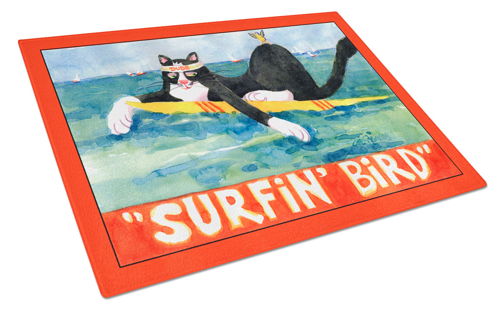 Black and white Cat Surfin Bird Cutting Board Tempered Glass Kitchen Cutting Surface, Heat Resistant Chopping, Non-Slip Feet, Food Prep & Serving