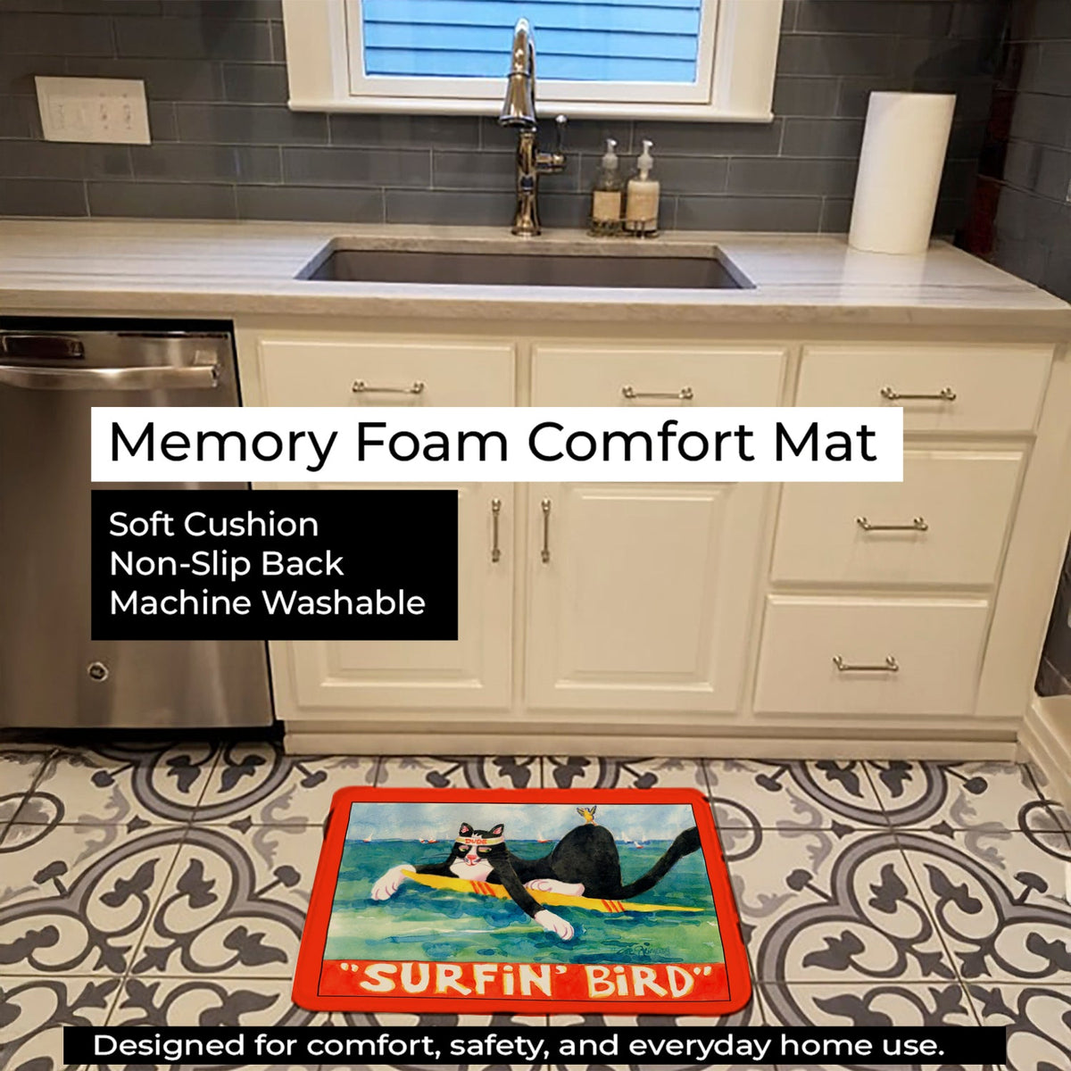 Black and white Cat Surfin Bird Memory Foam Kitchen Mat Machine Washable Anti-Fatigue Cushion Comfort Bath or Kitchen Rug