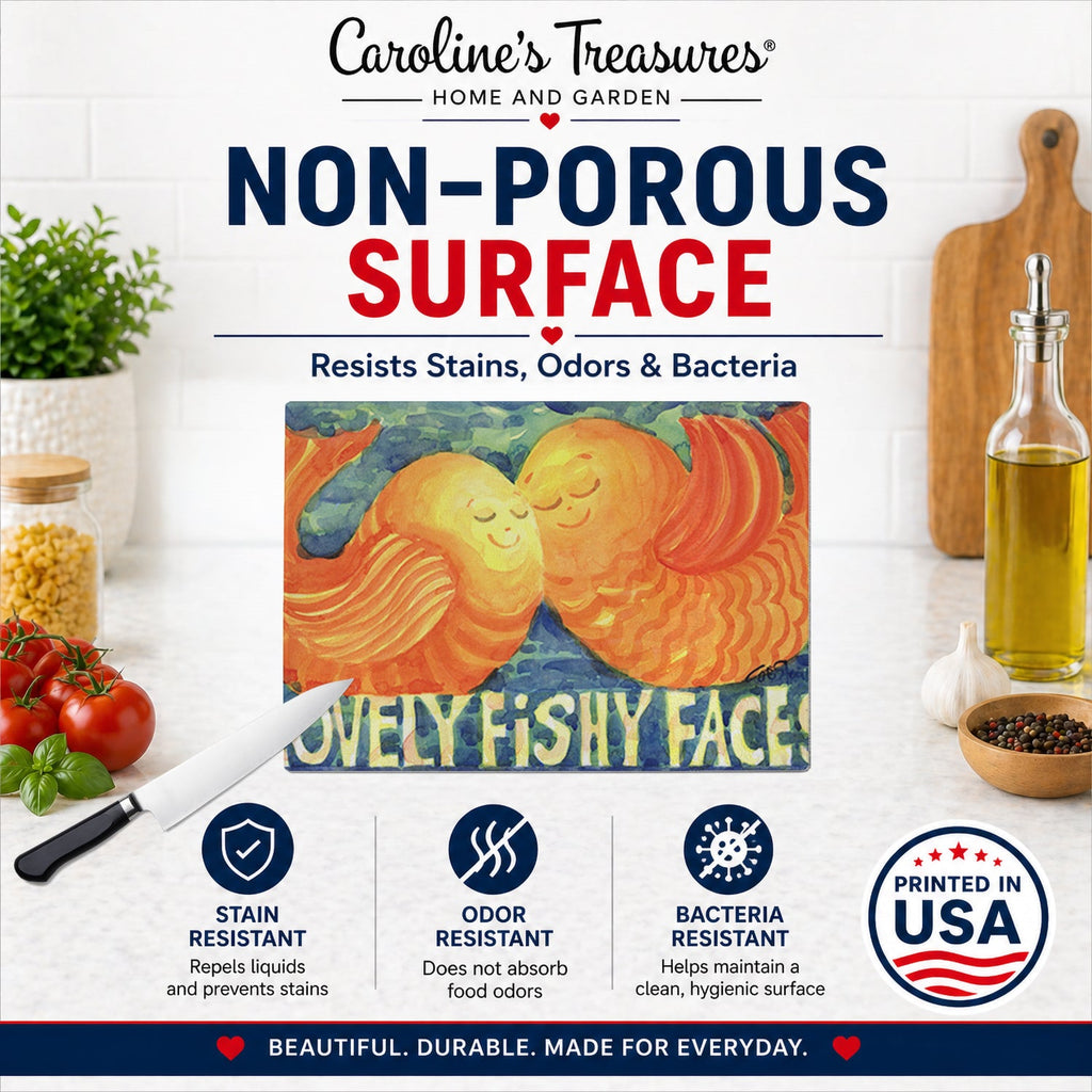 Fish - Kissing Fish Cutting Board Tempered Glass Kitchen Cutting Surface, Heat Resistant Chopping, Non-Slip Feet, Food Prep & Serving