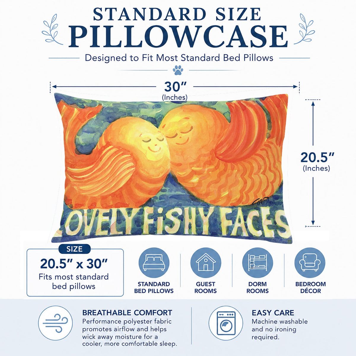 Fish - Kissing Fish Standard Pillowcase Lightweight Super Soft Easy Care Decorative Artwork Pillowcase, Standard