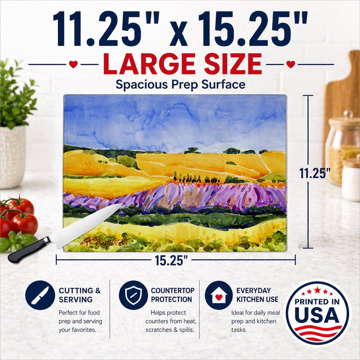 Landscape Cutting Board Tempered Glass Kitchen Cutting Surface, Heat Resistant Chopping, Non-Slip Feet, Food Prep & Serving