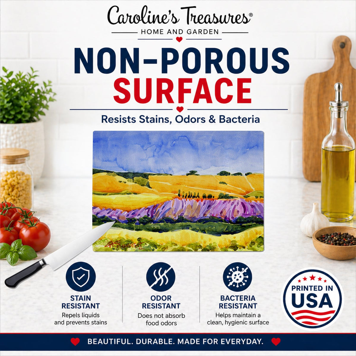 Landscape Cutting Board Tempered Glass Kitchen Cutting Surface, Heat Resistant Chopping, Non-Slip Feet, Food Prep & Serving