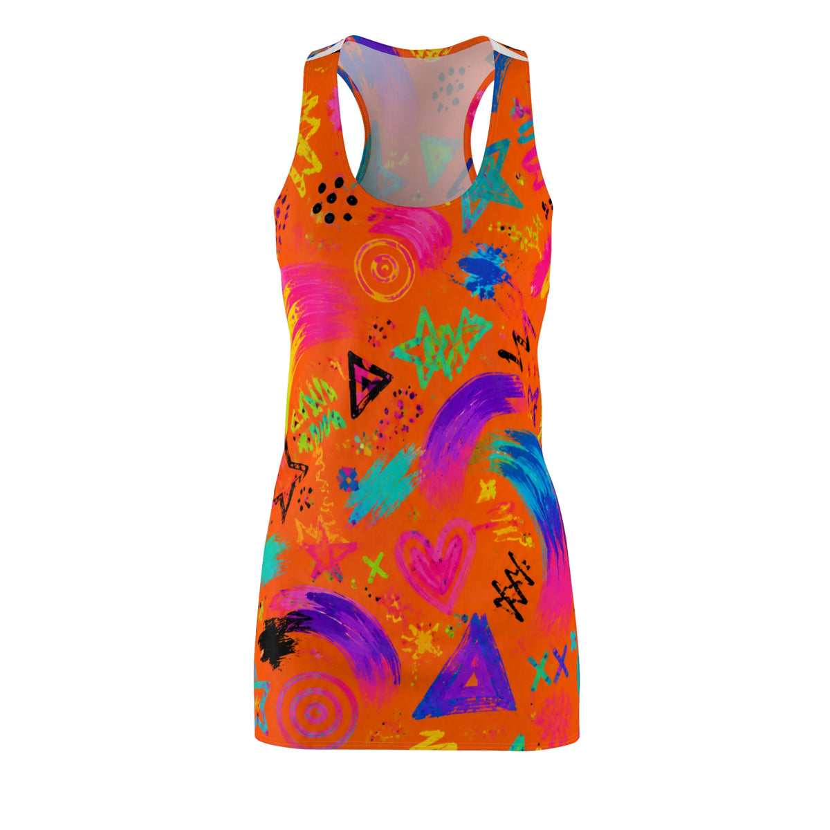 Neon Graffiti Racerback Dress — Bright Abstract Stars & Hearts All-Over Print
