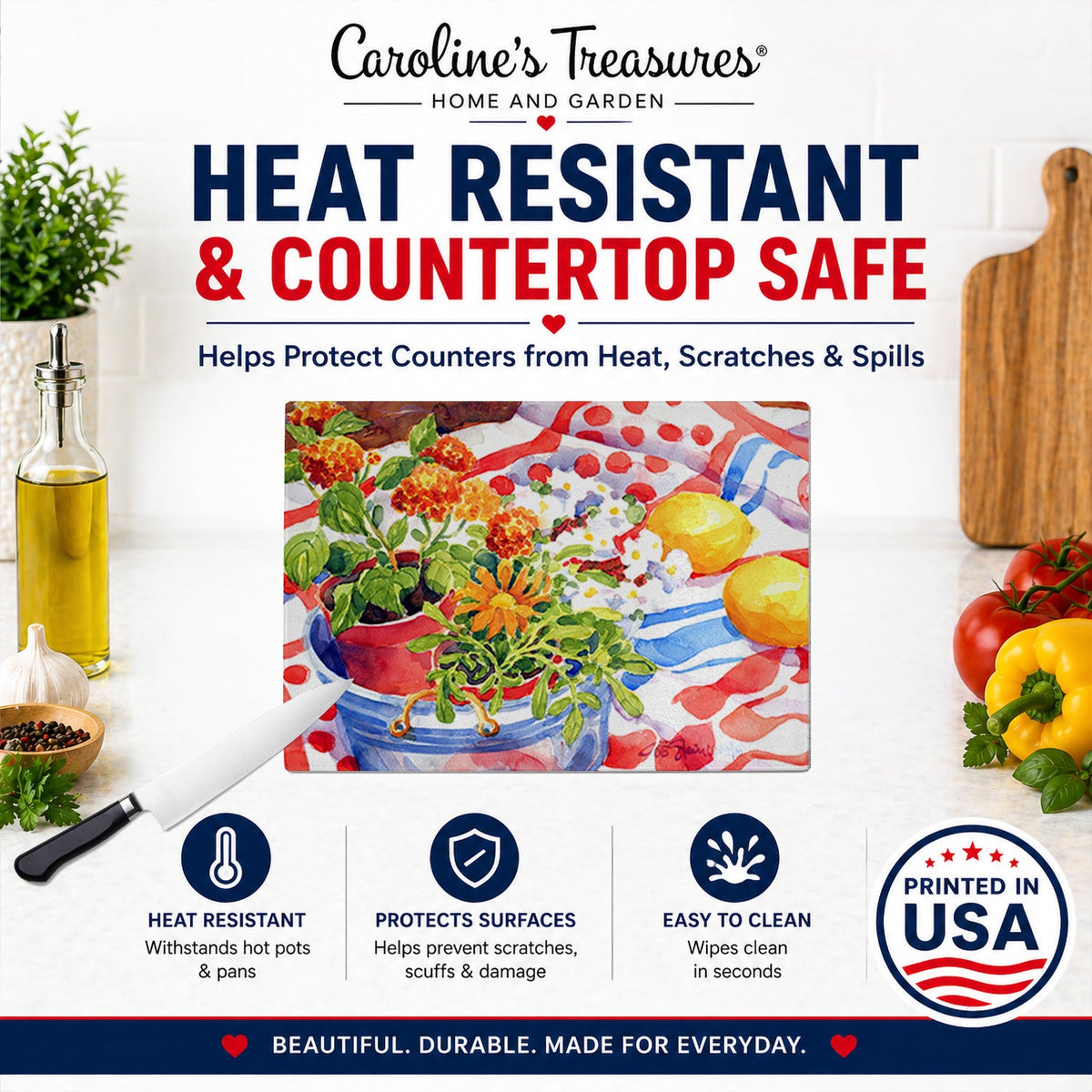 Flowers with a side of lemons Cutting Board Tempered Glass Kitchen Cutting Surface, Heat Resistant Chopping, Non-Slip Feet, Food Prep & Serving