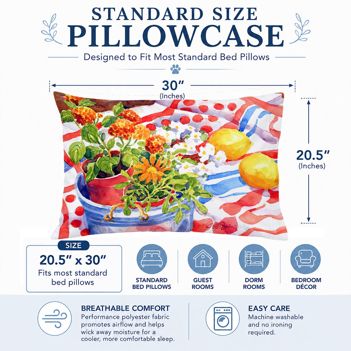 Flowers with a side of lemons Standard Pillowcase Lightweight Super Soft Easy Care Decorative Artwork Pillowcase, Standard