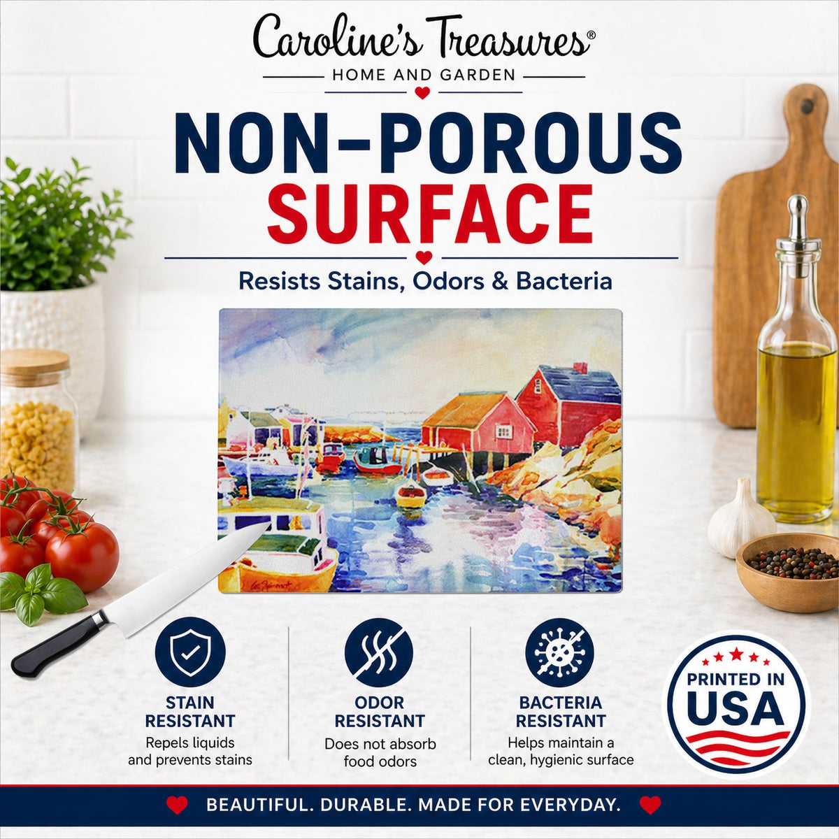Boats at Harbour with a view Cutting Board Tempered Glass Kitchen Cutting Surface, Heat Resistant Chopping, Non-Slip Feet, Food Prep & Serving