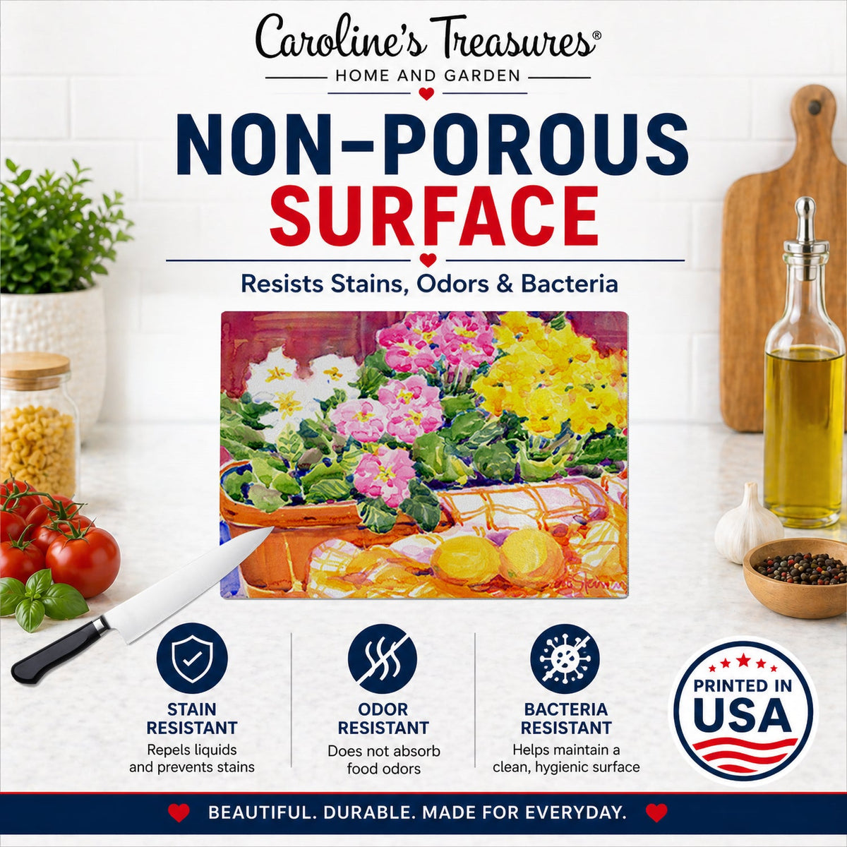Flower - Primroses Cutting Board Tempered Glass Kitchen Cutting Surface, Heat Resistant Chopping, Non-Slip Feet, Food Prep & Serving