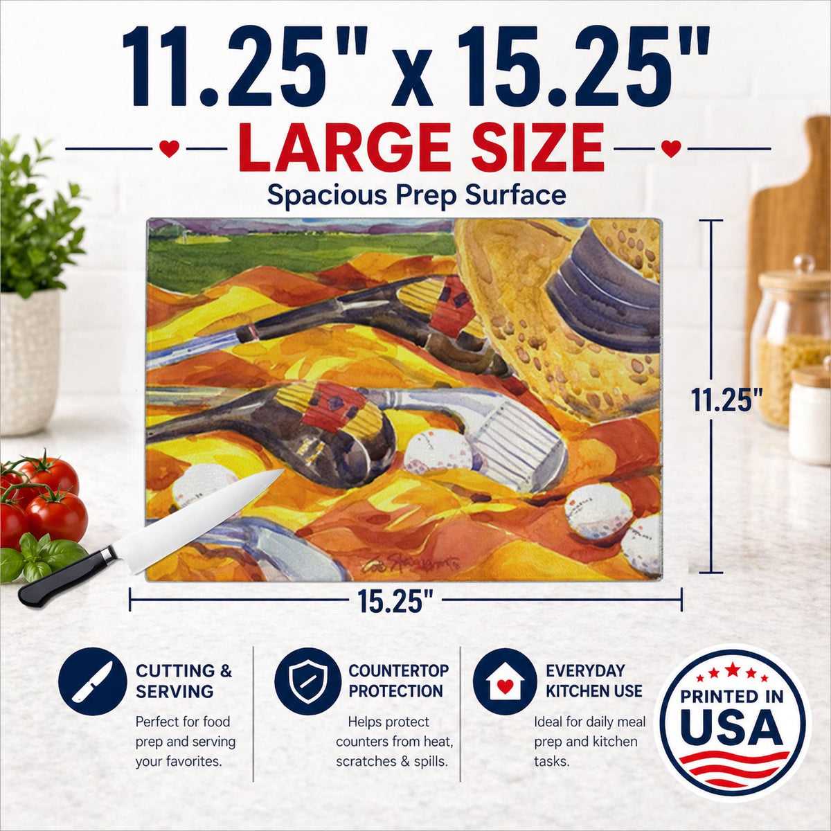 Golf Clubs Golfer Cutting Board Tempered Glass Kitchen Cutting Surface, Heat Resistant Chopping, Non-Slip Feet, Food Prep & Serving