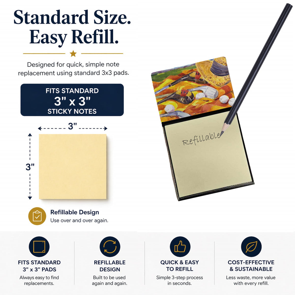 Golf Clubs Golfer Watercolor Sticky Note Holder Refillable Dispenser Desk Accessory 3x3 Pad Gift