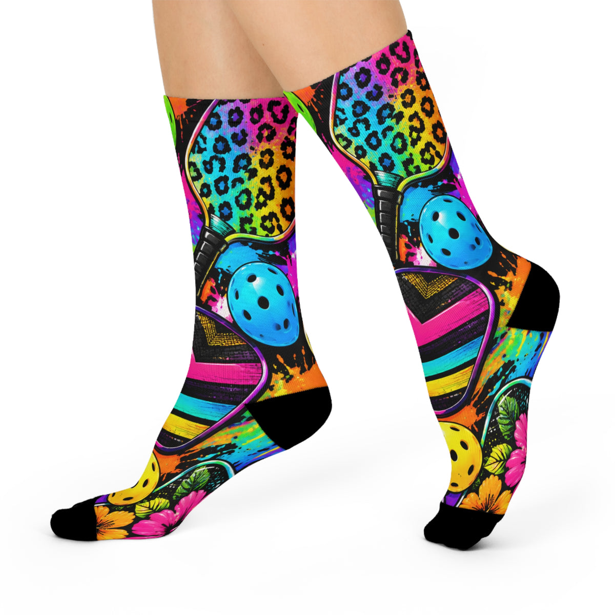 Cushioned Crew Socks — Neon Pickleball Hearts & Leopard Print Compression Socks