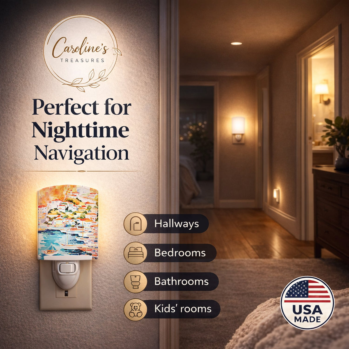 Harbour Ceramic Night Light Compact, UL-Certified, Ideal for Bedroom, Bathroom, Nursery, Hallway, Kitchen, 6x4x3, Multicolor