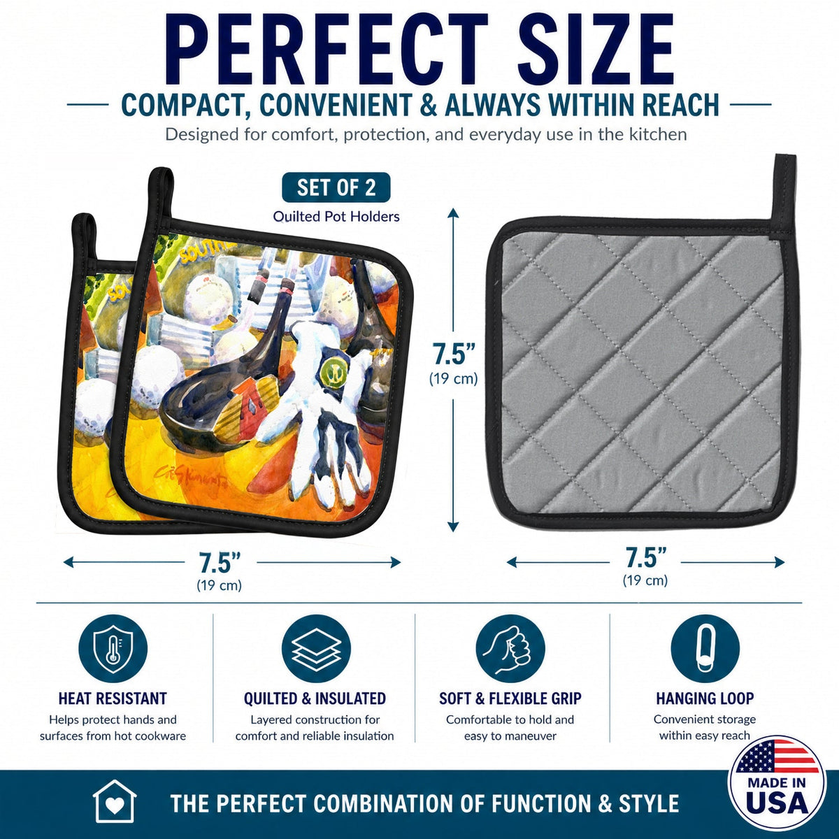 Golf Clubs, Ball and Glove Pot Holder Set of 2 Heat Resistant Quilted Hot Pads 7.5 x 7.5 Inch, Insulated Kitchen Trivets for Cooking & Baking