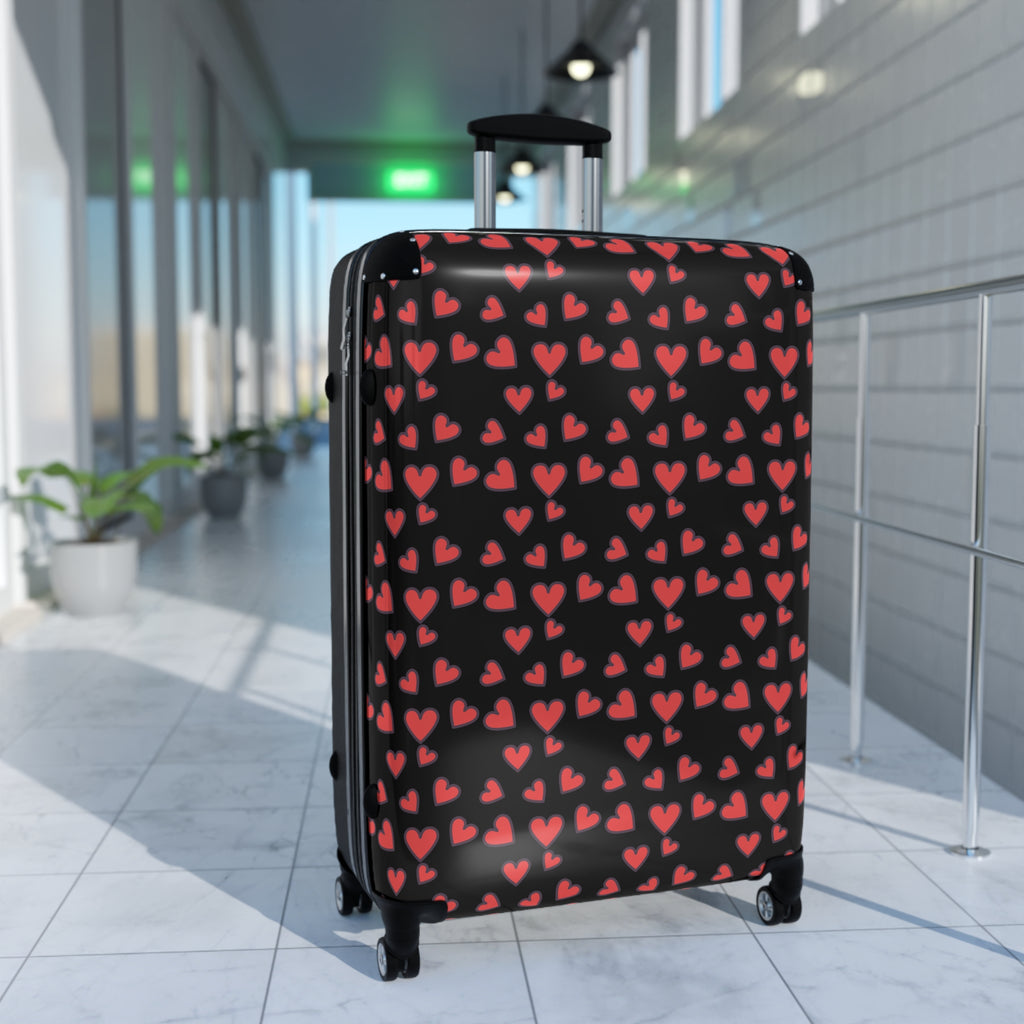 Heart Pattern Carry-On Suitcase — Romantic Red Hearts on Black Travel Luggage