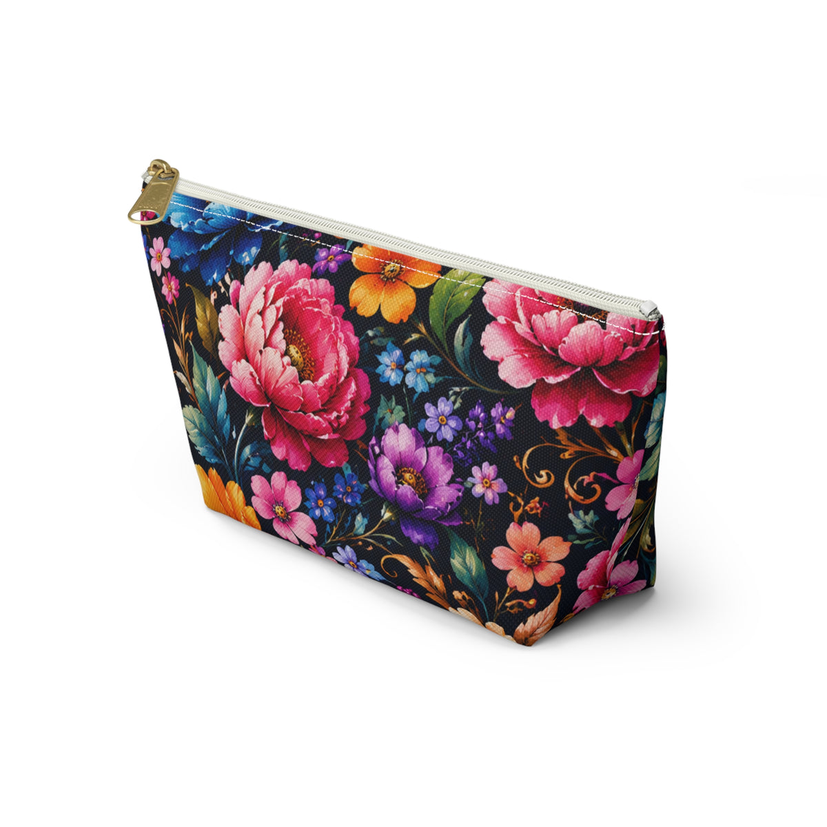 Floral Accessory Pouch — Vibrant Garden Makeup Bag with T-Bottom