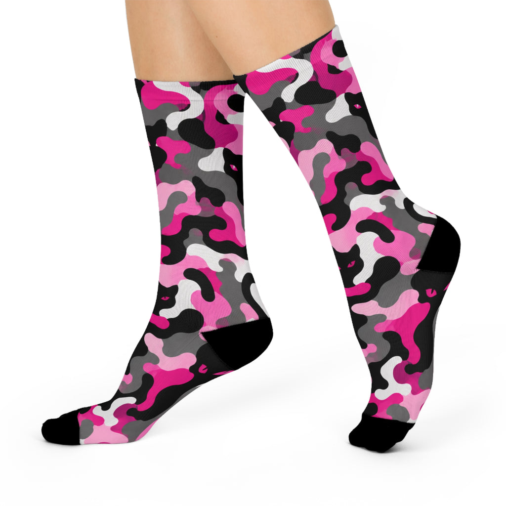 Pink Camo Crew Socks — Cushioned Fashion Socks with Cat Silhouette Pattern