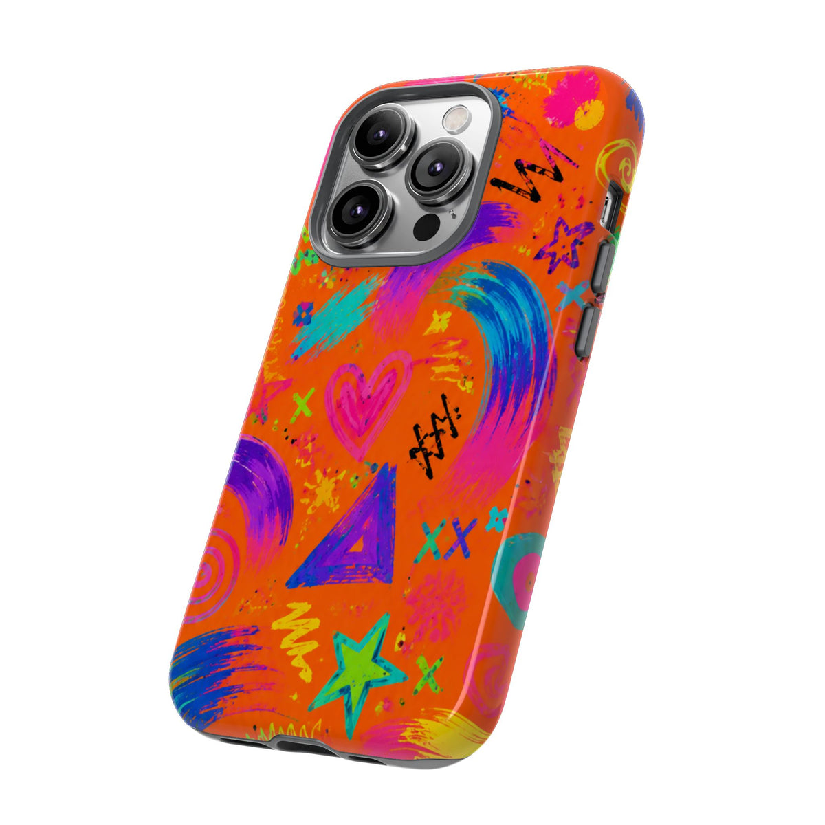 Colorful Neon Doodle Phone Case — Bright Abstract Stars & Hearts Tough Case
