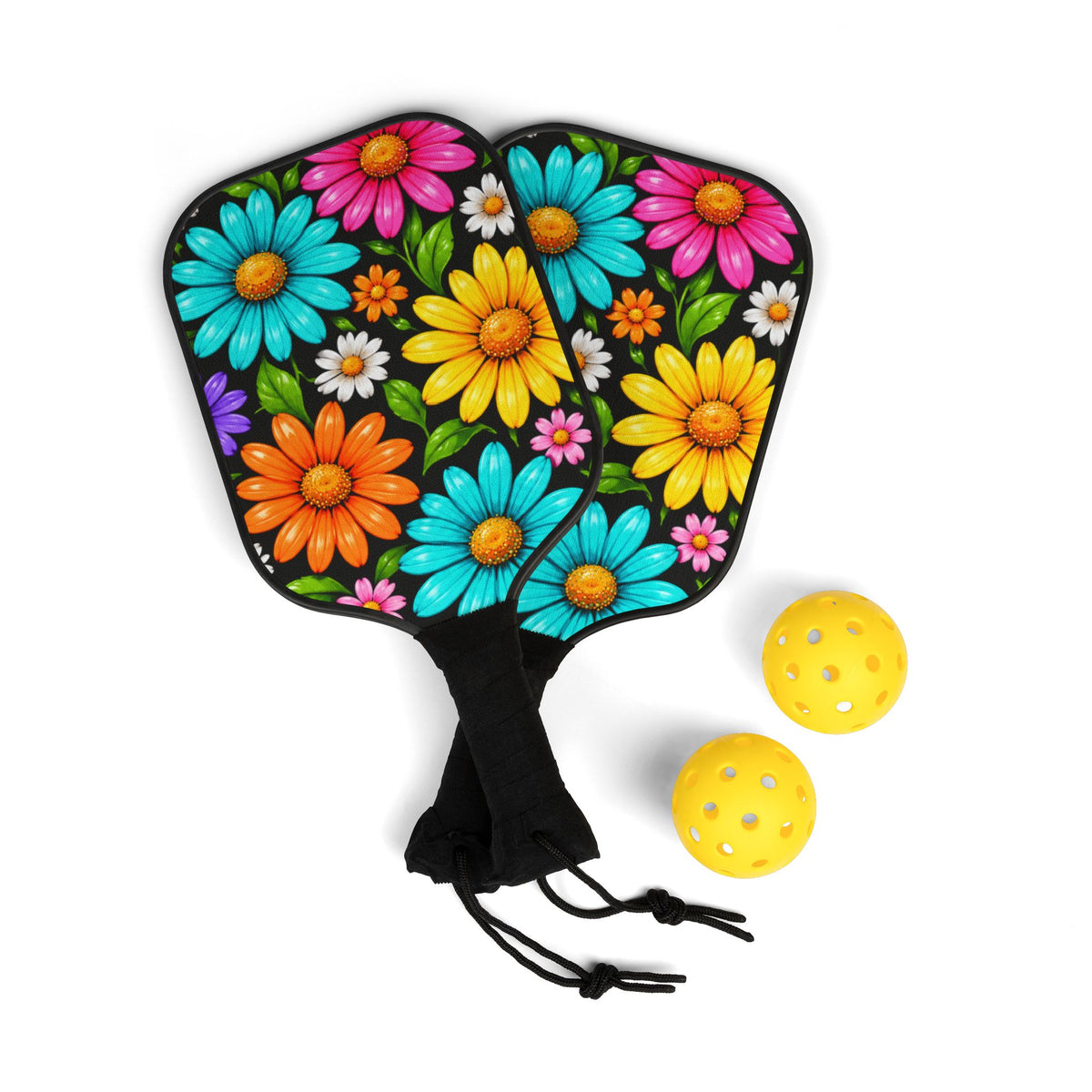 Floral Pickleball Paddle Set - Colorful Daisy Pickleball Kit (2 Paddles + Balls)